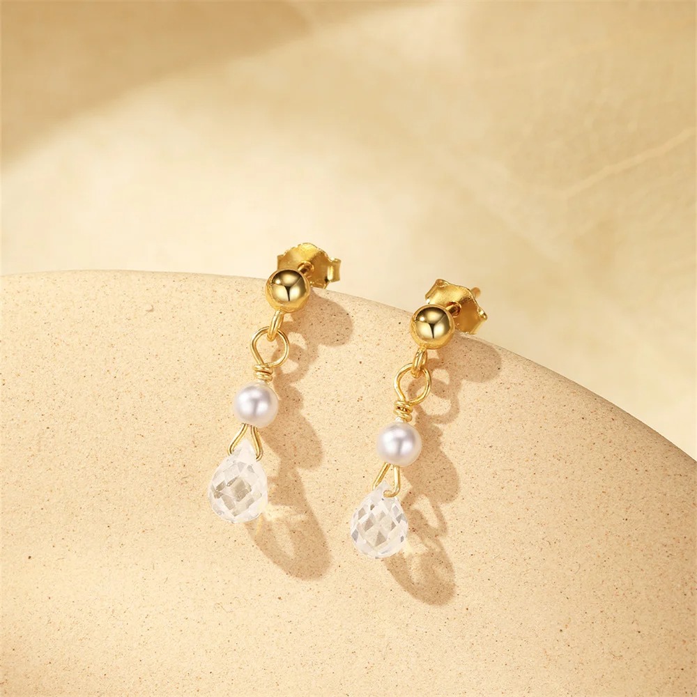 Minimalist Pearl Zircon Earrings | 18K Gold - Image 3