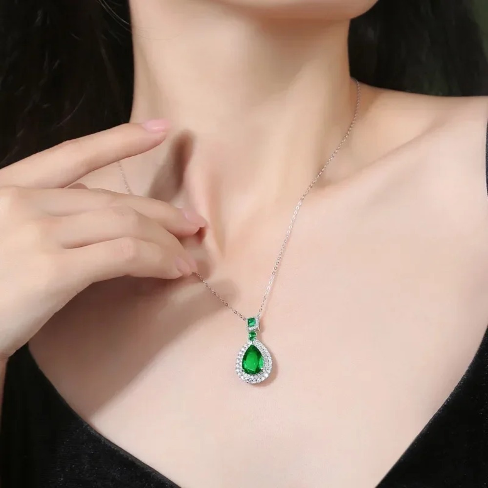Emerald Pear Pendant Necklace | Silver - Image 2