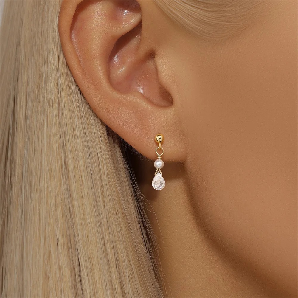Minimalist Pearl Zircon Earrings | 18K Gold - Image 4