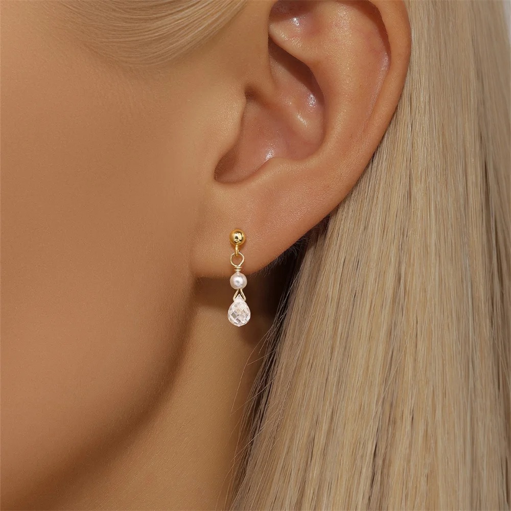 Minimalist Pearl Zircon Earrings | 18K Gold - Image 5