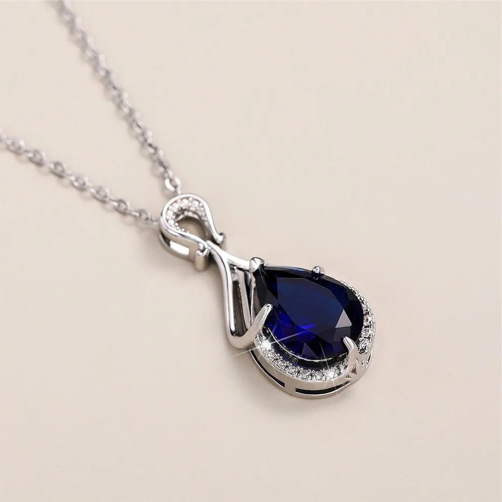 Blue Pear Pendant Necklace | Sterling Silver